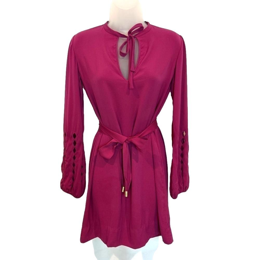 Dvf Fuchsia Slip Dress Lazer Cut Sleeves Belted